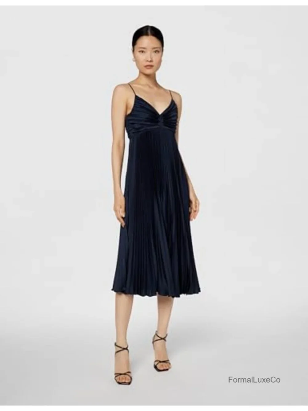 Pleated Satin A-Line Midi Dress Sleeveless V-Neck One Shoulder Back